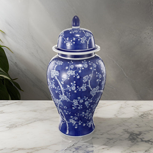 Ginger Jar | 18" | Porcelain | Blue Flowers | Finial Lid
