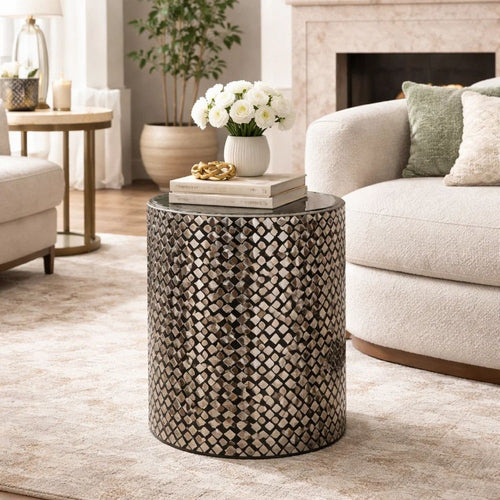 Capiz Stool Table | 20" | Cylindrical | Silver Black Geometric