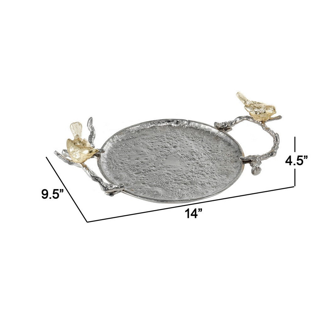 Decorative Tray Set | 14’’ | Perched Birds | Silver Metal BM286142