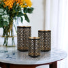 Set of 3 Lantern Candle Holders, Moroccan Lattice, Gold, Black Metal Frames By Casagear Home