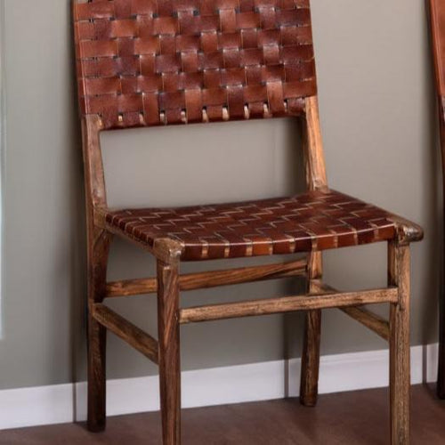 Dining Chairs | 34" | Set of 2 | Woven Leather Back | Brown Wood