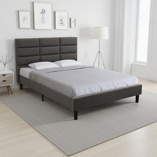 Rin Full Size Platform Bed, Charcoal Gray Linen Upholstery, Panel Headboard