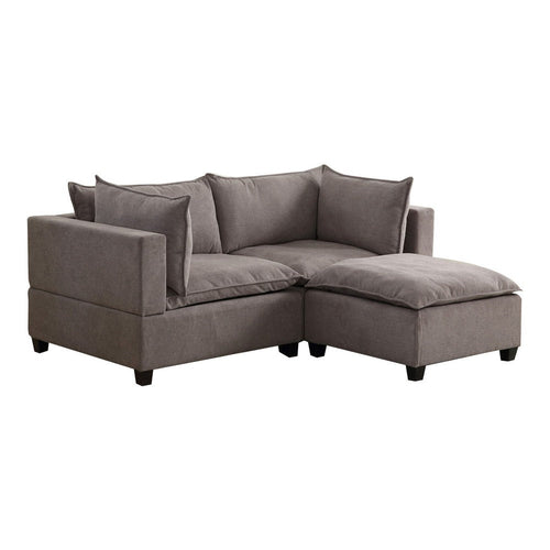 Amato 84 Inch Modern Sectional Arm Loveseat and Ottoman Set, Gray Fabric