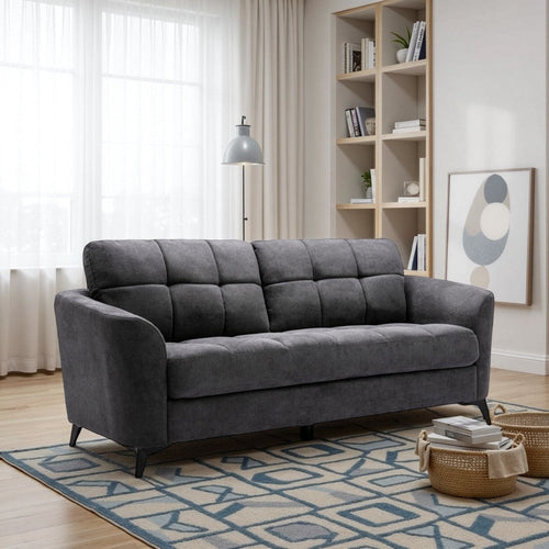 Odin Sofa | 79" | Tufted Cushions | Gray Linen | Black Frame