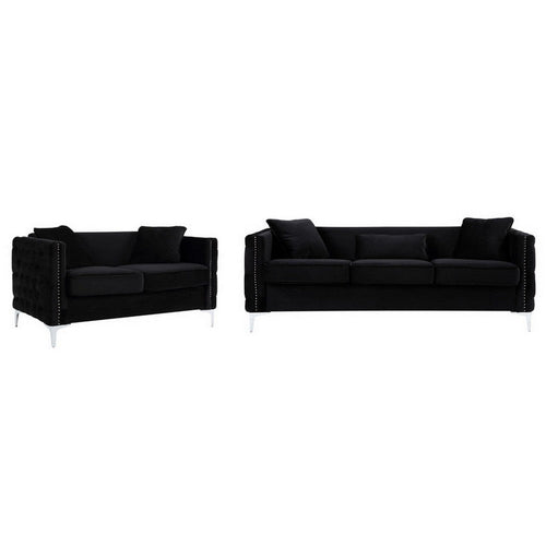 Zion 2 Piece Sofa and Loveseat Set, Deep Button Tufted, Jet Black Velvet