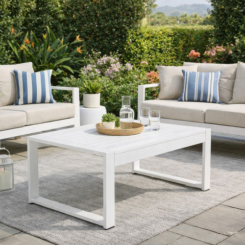 Lark Coffee Table | 35" | White Aluminum Frame | Polyresin Top