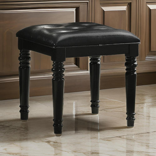 Kya Vanity Stool | 20" | Tufted Black Faux Leather | Turned Legs