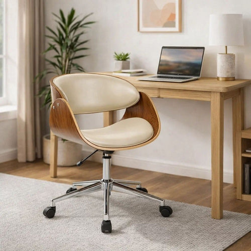 Joan Office Chair | 23" | Swivel | Beige Faux Leather | Brown Frame