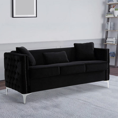 Joel Sofa | 73" | 3 Pillows | Tufted Black Velvet | Silver Legs