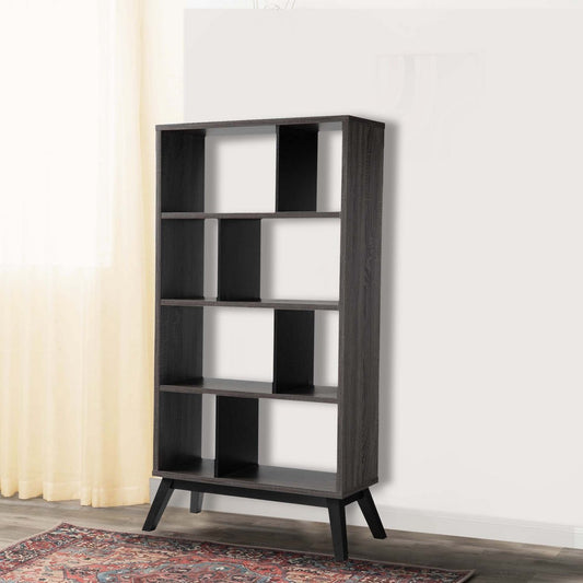 65 Inch Modern Bookcase, Four Shelves with Dividers, Flared Legs, Gray By Casagear Home