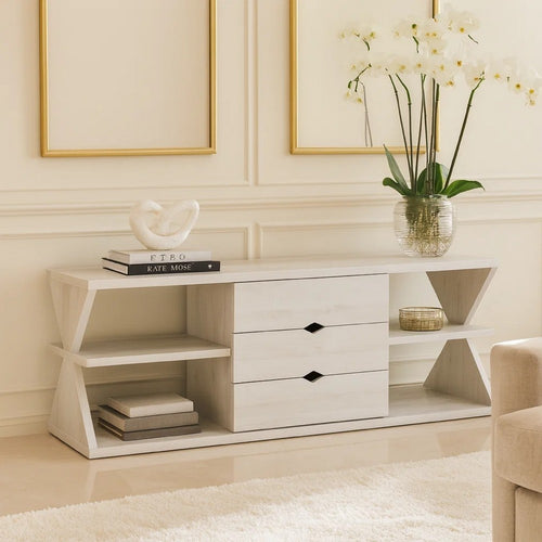 TV Console | 60" | 4 Shelves | 3 Drawers | Oak White Finish