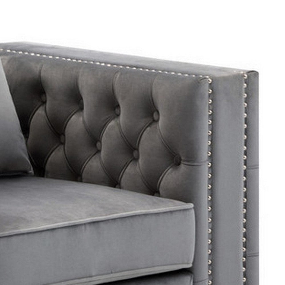 Joni 40 Inch Armchair Chesterfield Design Button Tufting Gray Velvet BM293955