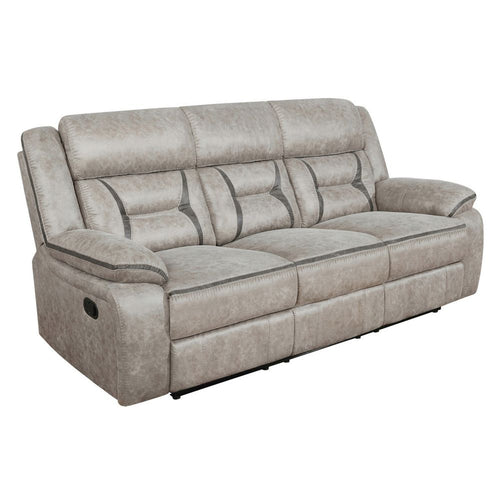 Tye 87 Inch Glider Manual Recliner Sofa, Cool Gel Foam, Taupe Faux Leather