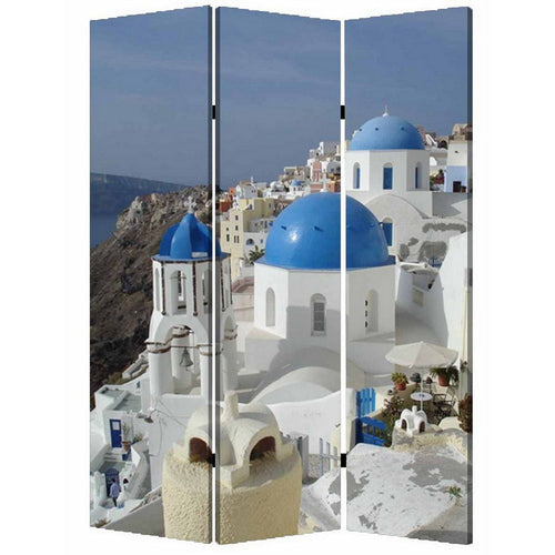 71 Inch Folding Screen Room Divider, Two Sided Grecian Skyline Design