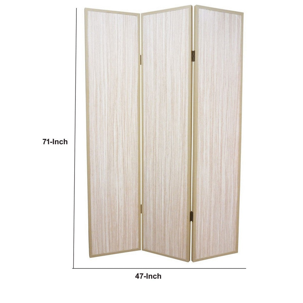 71 Inch Folding Screen Room Divider 3 Textured Panels Gray Leather Trim BM294232