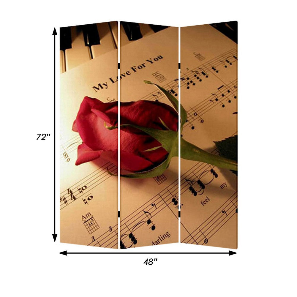 Liva 71 Inch Modern Folding Screen Room Divider Rose and Sheet Music BM294233