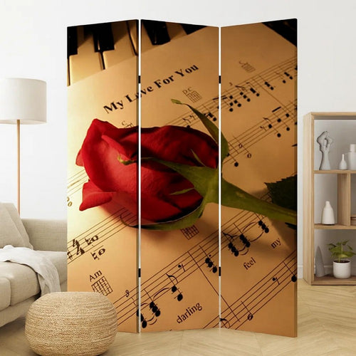 Liva 71 Inch Modern Folding Screen Room Divider, Rose and Sheet Music