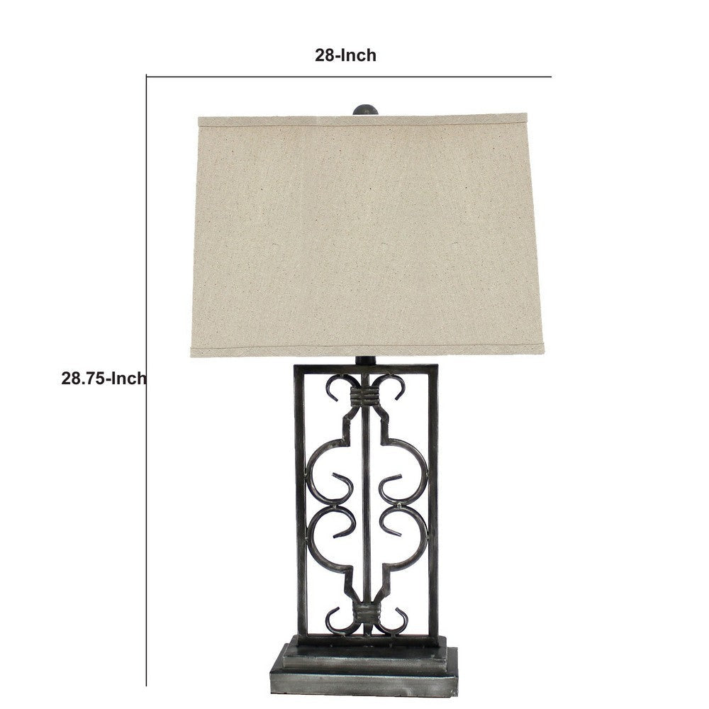 29 Inch Industrial Table Lamp Linen Shade Stacked Pedestal Base Black BM294241