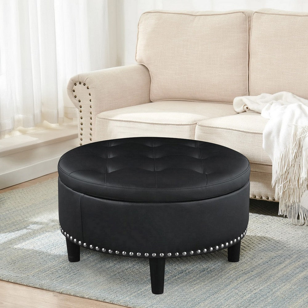 30 Inch Round Storage Ottoman, Black Vegan Faux Leather, Button Tufted By Casagear Home