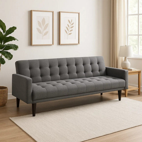 Sofa Bed | 74" | Tufted Gray Linen | Track Arms