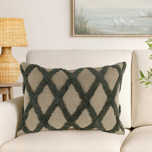 Lo Throw Pillow | 14 x 20 | Tufted Diamond | Linen | Green