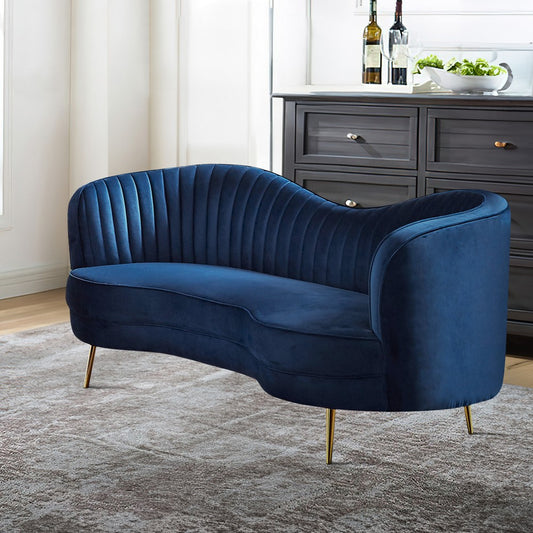 Chad 74 Inch Curved Loveseat, Channel Tufting and Camelback, Blue Velvet By Casagear Home