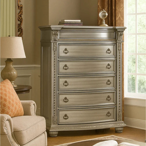 Caitlin 58 Inch Tall Dresser Chest, Marble Top, Leaf Carving, Silver Wood