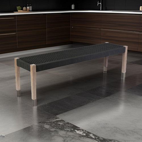 Nif Dining Bench | 71" | Rope Woven Top | Tapered Legs | Black