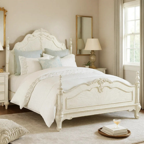 Princess Full Bed | Finial Accents | Floral Carvings | Antique White