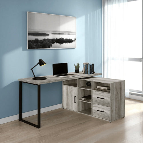 Luz 59 Inch L Shaped Office Desk, 2 Drawers, 5 Compartments, Gray Driftwood