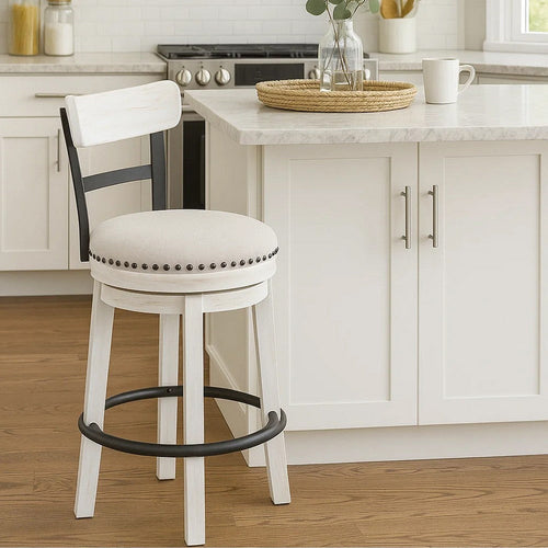 Ashley Zane Counter Stool, 25" Swivel Round Seat, White Wood Frame