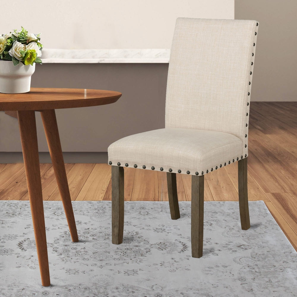 19 Inch Beige Fabric Dining Chair Set of 2 Rustic Brown Nailhead Trim By Casagear Home BM296720