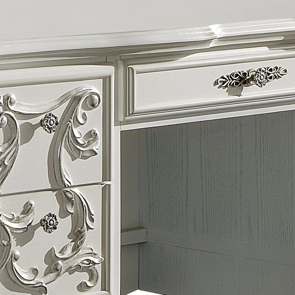 Aurora 75 Inch Classic Style Wood Office Desk Floral Carvings Bone White BM296836