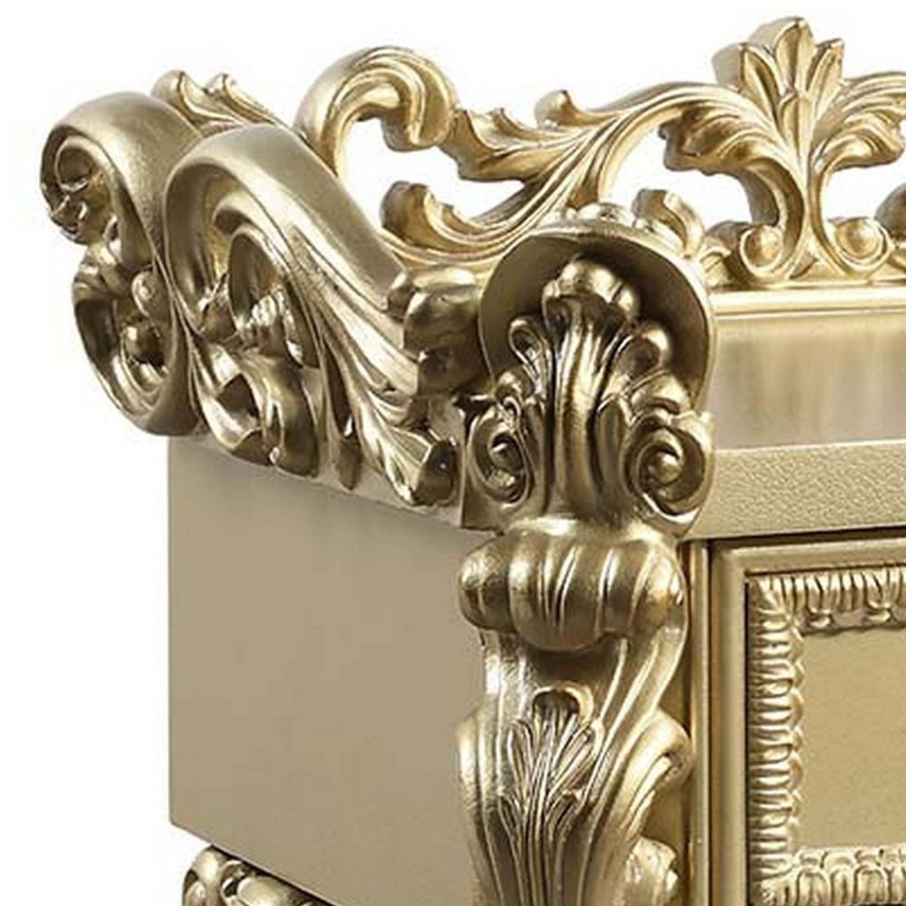Altair 36 Inch Luxury Nightstand 1 Drawer Scrolled Motifs Gold Finish BM296859