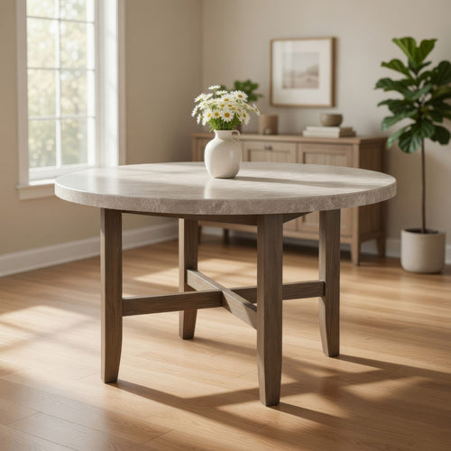 Dining Table | 52" | Round Wood | Marble Top | Brown Finish