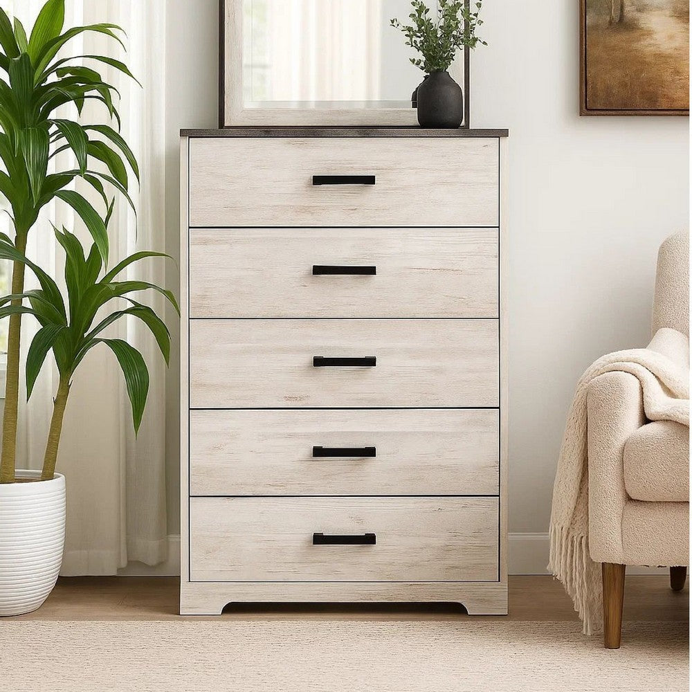 Wisp 46 Inch Tall Dresser Chest, 5 Drawers, Rustic Smooth White Finish Wisp 46 Inch Tall Dresser Chest, 5 Drawers, Rustic Smooth White Finish
