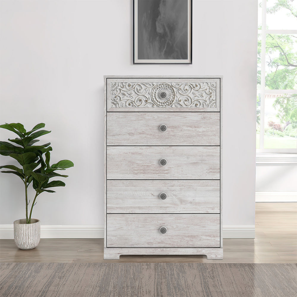 46 Inch 5 Drawer Modern Tall Dresser Chest, Whitewashed Carved Design Wood