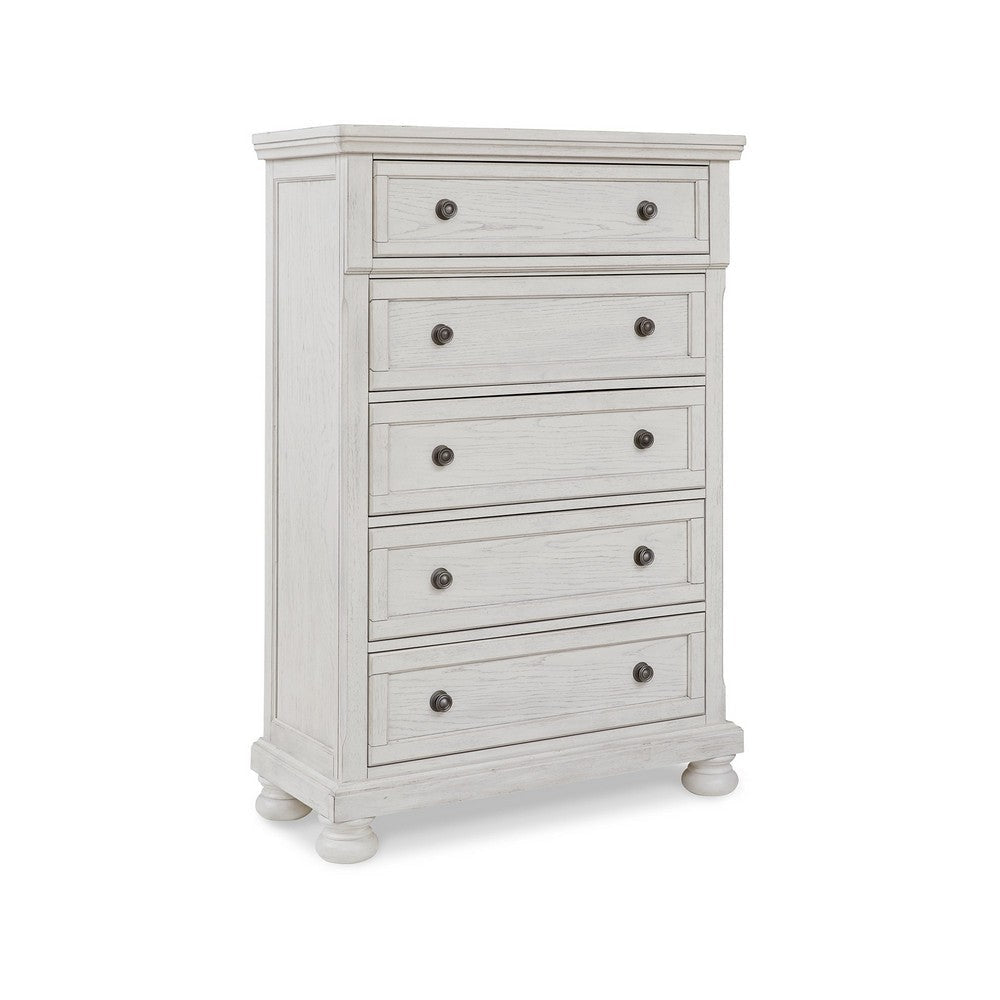 Kith 58 Inch 5 Drawer Tall Dresser Chest, Classic White Wood, Bun Feet Kith 58 Inch 5 Drawer Tall Dresser Chest, Classic White Wood, Bun Feet