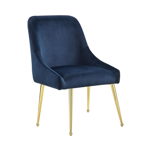 23 Inch Side Chair, Set of 2, Blue Fabric, Sloped Arms, Gold Metal Legs