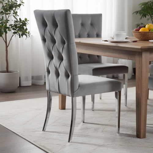Kery 20 Inch Set of 2 Side Chairs, Gray Velvet, Tall Flared Tufted Back