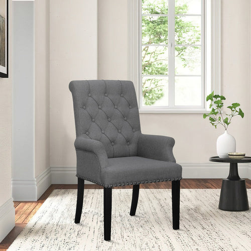 Ali 27 Inch Accent Armchair, Dark Gray Fabric, Rolled Button Tufted Back