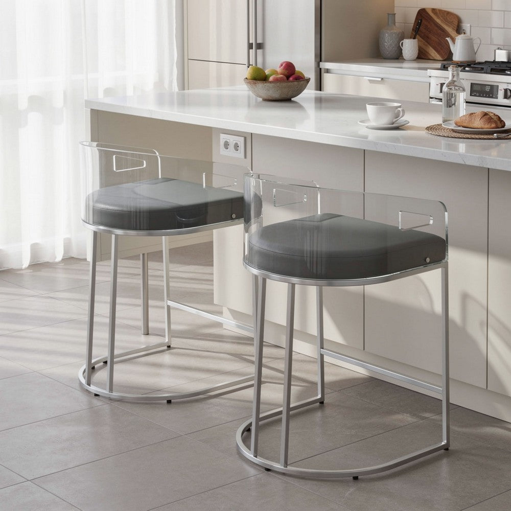 Con 31 Inch Set of 2 Modern Counter Stools, Clear Acrylic Back, Gray Seat