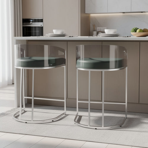Con 31 Inch Set of 2 Modern Counter Stools, Clear Acrylic Back, Gray Seat