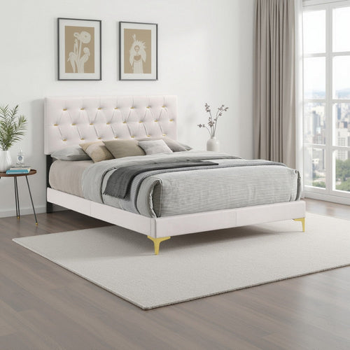 Lif Bed | King | Platform | Tufted Headboard | White Velvet | Gold Legs
