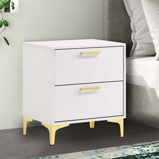 Lif 25 Inch Modern 2 Drawer Nightstand, Gold Metal Accents, Pure White By Casagear Home