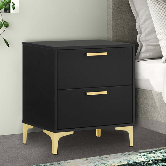 Lif 25 Inch Modern 2 Drawer Nightstand, Gold Metal Accents, Jet Black  By Casagear Home