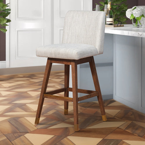 Lia Barstool Chair | 30" | Beige Polyester | Brown Rubberwood Frame