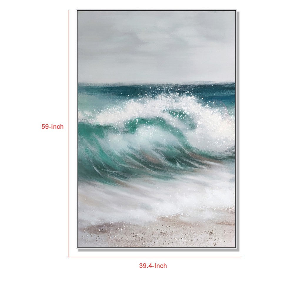 39 x 59 Hand Painted Cresting Waves White Frame Seafoam Green Ocean Blue BM298933