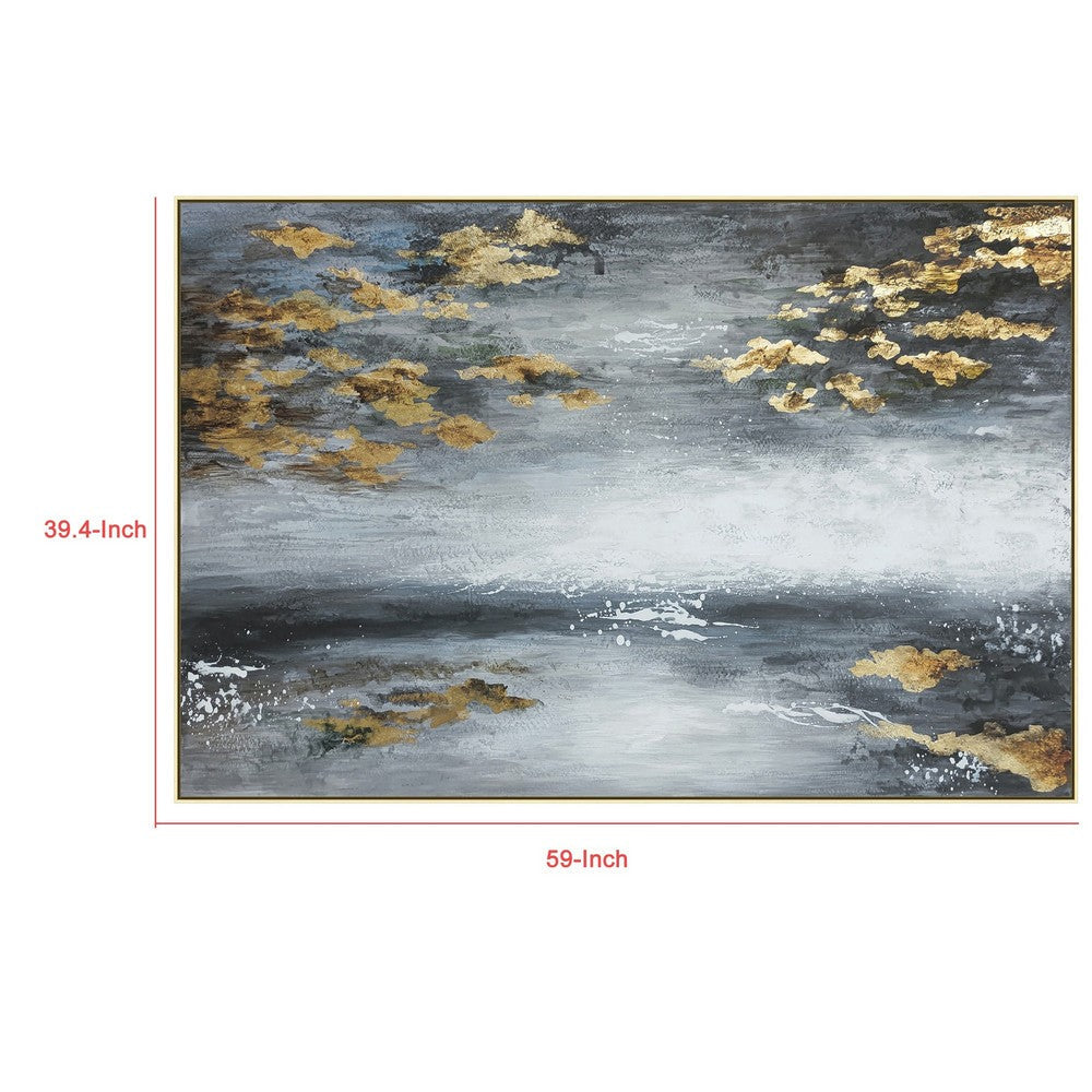 39 x 59 Hand Painted Sky with Gold Foil Clouds Silver Frame Resin Coat BM298942