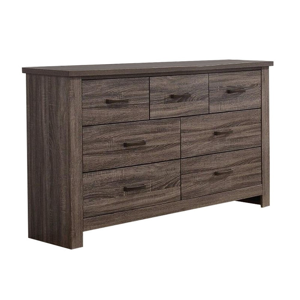 Soma 59 Inch Rustic 7 Drawer Wide Dresser, Metal Bar Handles, Oak Gray Soma 59 Inch Rustic 7 Drawer Wide Dresser, Metal Bar Handles, Oak Gray